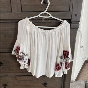 Blue Rain Off-Shoulder Blouse - White with Red Floral Embroidery